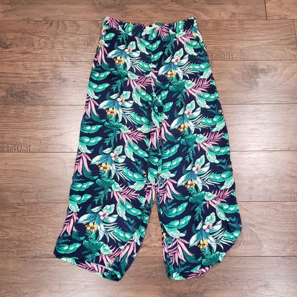 LOFT Linen Blend Pull-On Wide Leg Palazzo Pants Size M Navy Pink Green Pโฆ - Picture 1 of 13